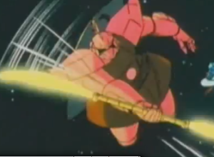 Char Aznable (シャア・アズナブル Shaa Azunaburu) MS14S Char's Gelgoog Gundam 0079 still (ゲルググ,Gerugugu) from anime Gundam: Char's Counterattack 1988, aka Kidō Senshi Gundam: Gyakushū no Char, Mobile Suit Gundam: Il contrattacco di Char, 機動戦士ガンダム：逆襲のシャア, 機動戰士鋼彈 逆襲的夏亞, 機動戰士高達 馬沙之反擊