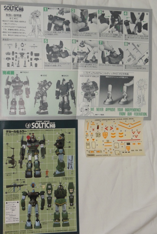 Soltic H8 Round Facer  instructions and decals Series-02 1/72 scale Takara 1981 Japan from anime tv show Taiyou no Kiba Dougram 1981-1983  other names Document Taiyou no Kiba Dougram, Choro Q Dougram,太陽の牙ダグラム
