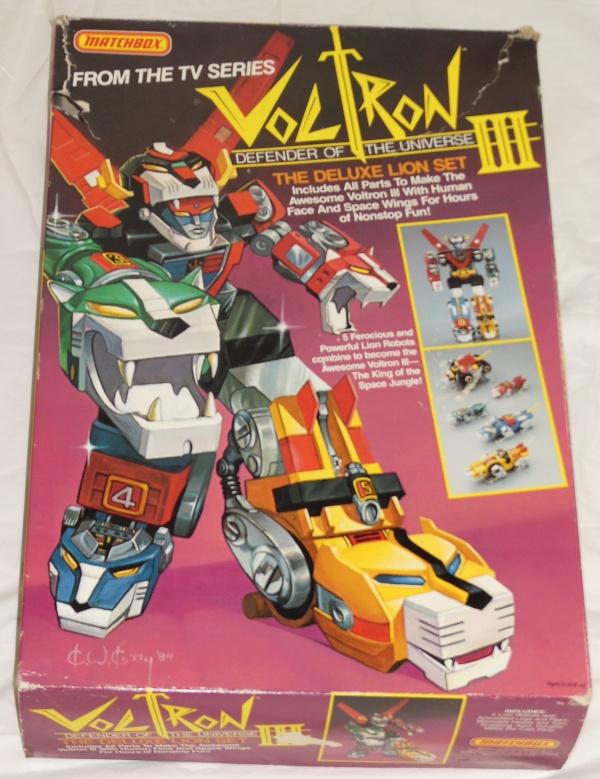 Matchbox Voltron III The Deluxe Lion Set front box cover from the anime Voltron: Defender of the Universe tv show from 1984-1985 other names Beast King GoLion, Hundred-Beast King Go Lion, Hyakujū Ō Golion, King of Beasts Golion, Lion Force Voltron, Voltron of the Far Universe, Voltron, difensore dell'universo, Voltron, el defensor del universo, 百獣王ゴライオン