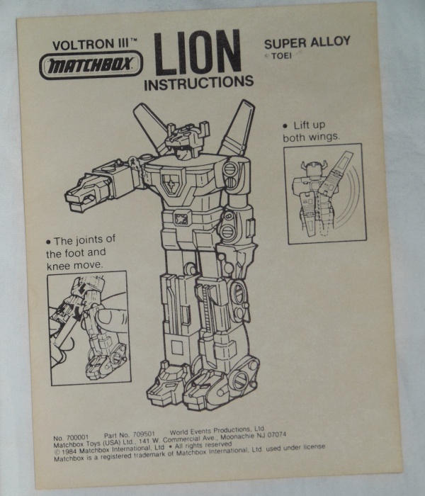 Voltron III Matchbox Defender of the Universe Miniature Lion Space Robot Lion Instructions Super Alloy or Chogokin from cartoon Voltron Defender of the Universe 1984-1985 other names Beast King GoLion, Hundred-Beast King Go Lion, Hyakujū Ō Golion, King of Beasts Golion, Lion Force Voltron, Voltron III, Voltron of the Far Universe, Voltron, difensore dell'universo, Voltron, el defensor del universo,百獣王ゴライオン Super Alloy