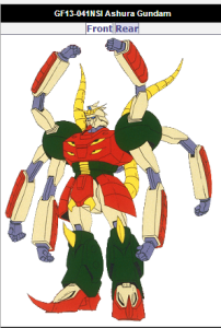 Ashura G Gundam still GF13-041NSI piloted by Russets Daggats of Neo Singapore. From anime Mobile Fighter G Gundam(機動武闘伝Gガンダム Kidō Butōden Jī Gandamu) 1994-1995