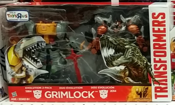 Transformers Grimlock Age of Extinction Evolution 2-Pack 1984 Generation 1 version and 2014 front box cover Toys R' Us exclusive
