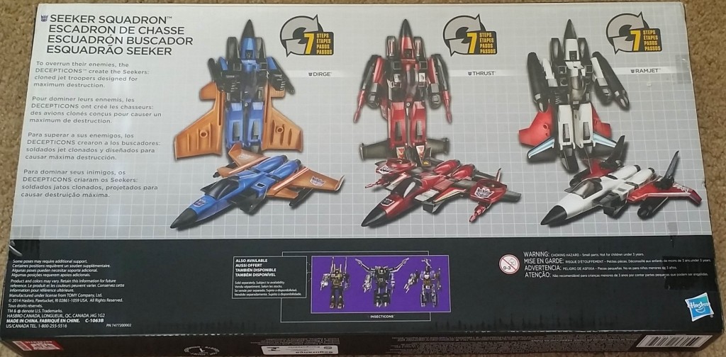 Transformers Platinum Edition Seeker Squadron 3-Pack 2015 by Hasbro includes Thrust, Ramjet, and Dirge back of box