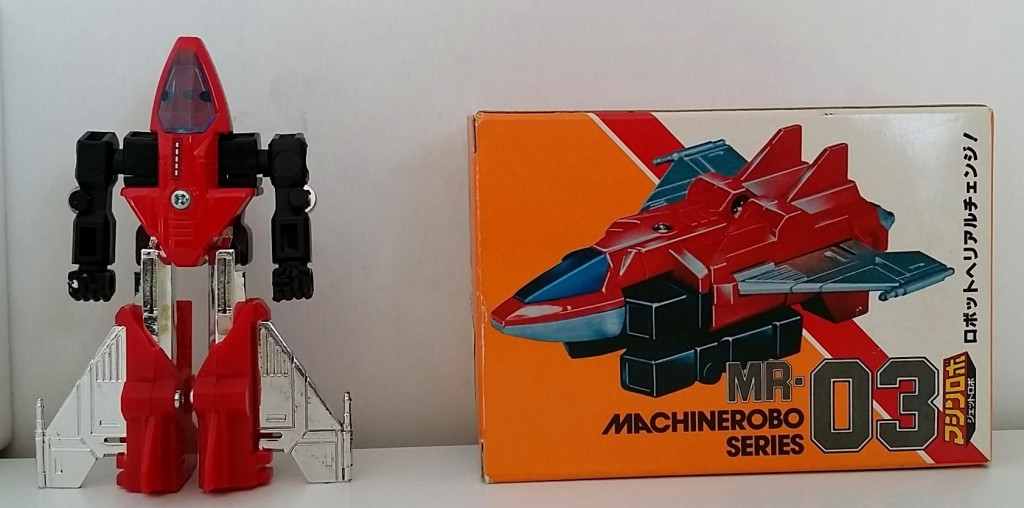 MachineRobo(マシンロボ) MR-03 Jet Robo(ブルー・ジェット) 1982 Popy Bandai Machine Men back of robot and box from anime Machine Robo Revenge of Cronos 1988-1989 and Challenge of the Gobots 1983-1987 known as Fitor
